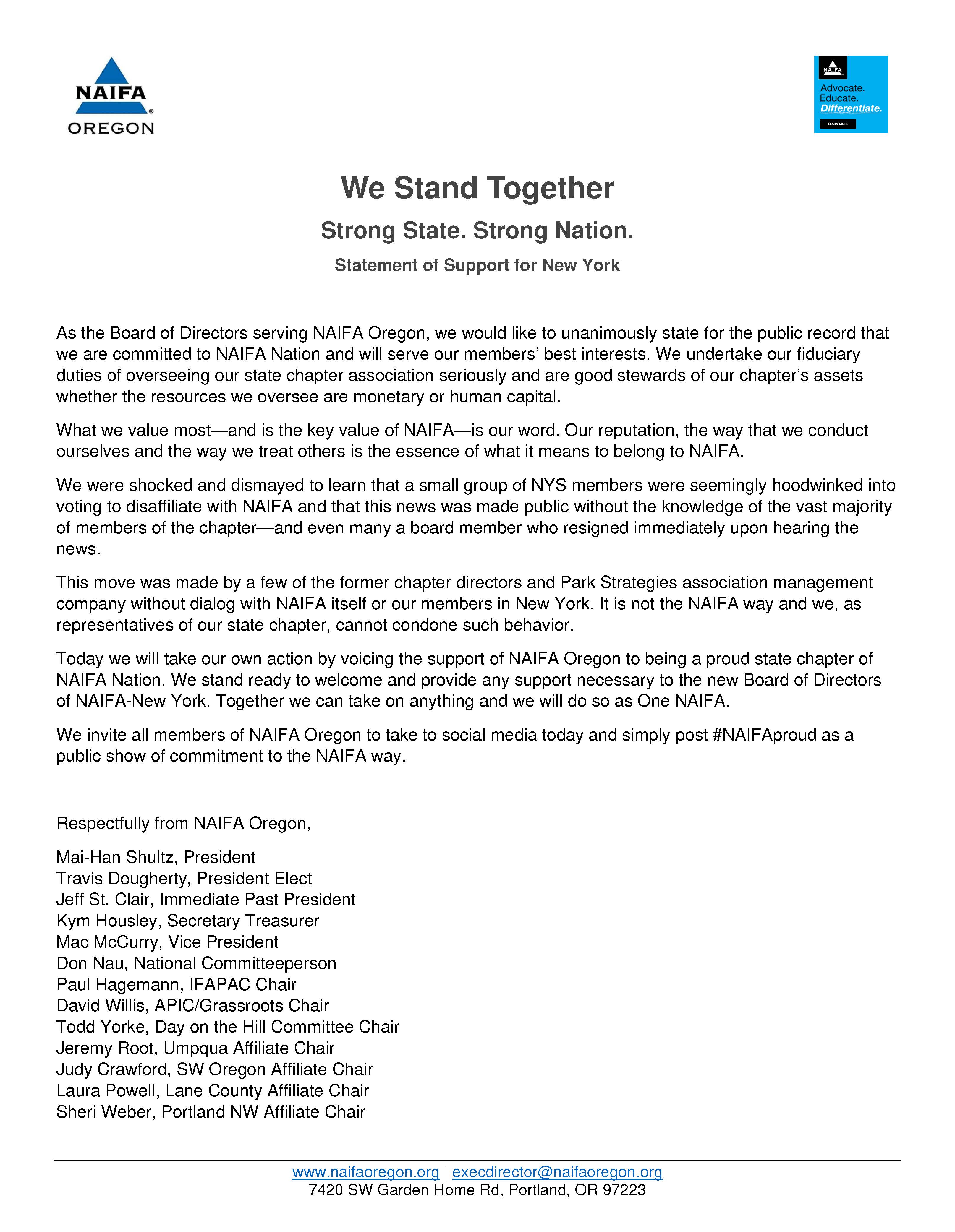 NAIFA Oregons Statement of Support